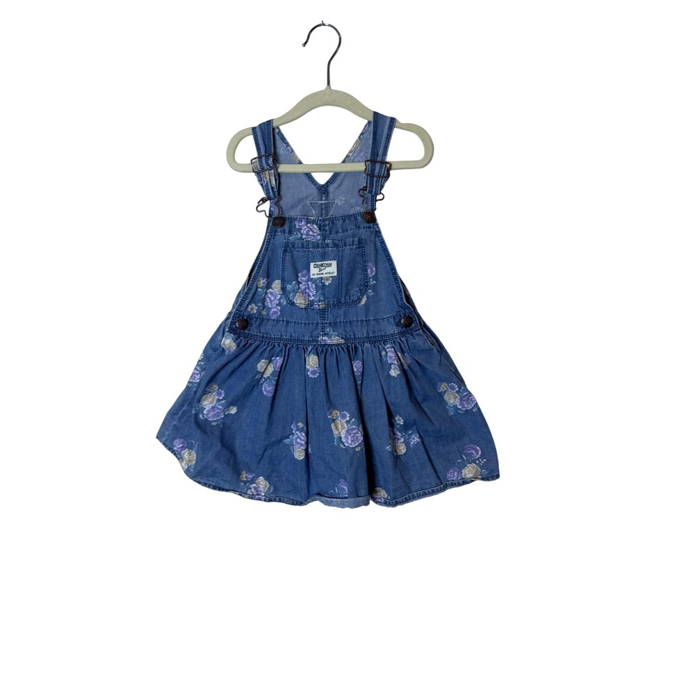 OshKosh B'gosh Overall Dress Girls 3T Blue Floral Denim Adjustable Skirt